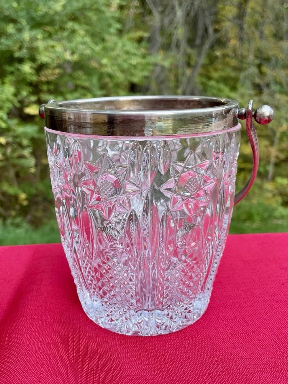 Cut Glass Ice Bucket with Silver Rim and Handle